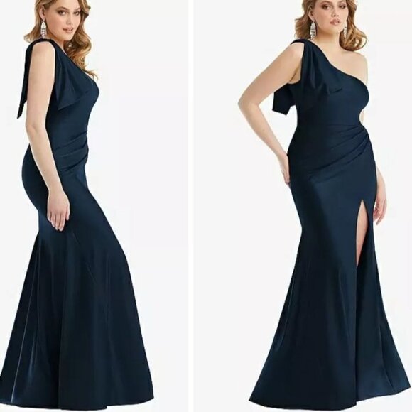 NEW Cynthia & Sahar Zaara One-Shoulder‎ Stretch Satin Dress Midnight Navy Blue M - Picture 2 of 11
